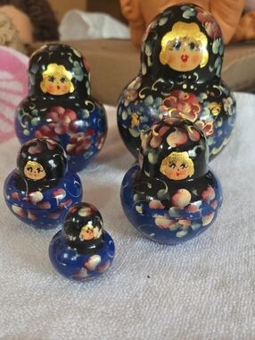 Hand-Painted Blue and Black Nesting Dolls - Set of 5
